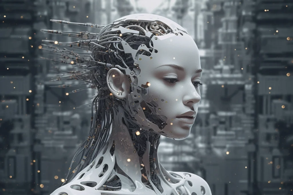 Futuristic digital interface with AI and connectivity icons.